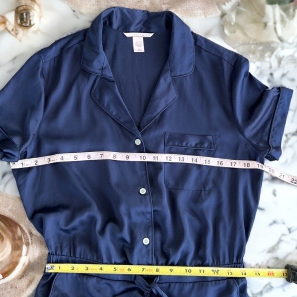 Victoria’s Secret Navy Blue Satin Button Front Lounge Pajama Romper Size Medium - Picture 4 of 11